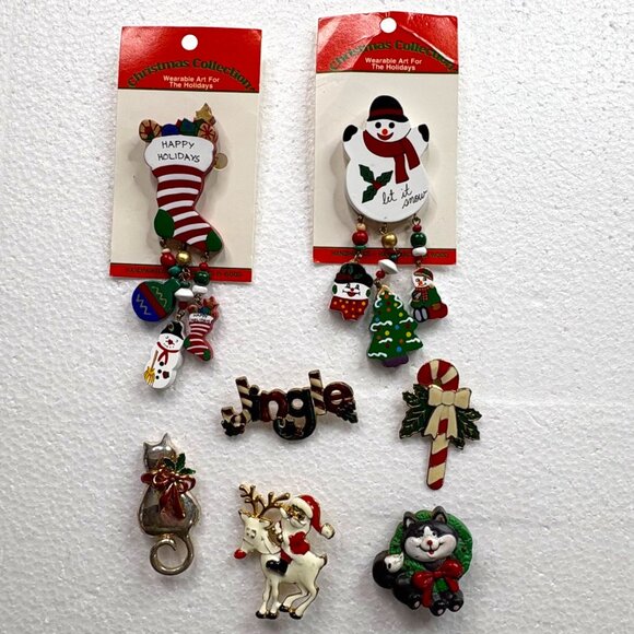 Christmas Collection Brooch Holiday Lapel Pins‎ Set of 7 VTG Cats reindeer candy - Picture 1 of 16